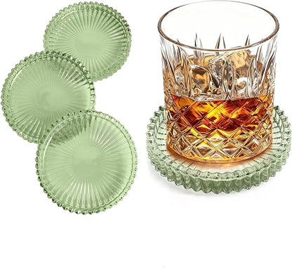 Glass Coasters Set of 4 for Drinks, Round Modern Set with Raised Edge Lip, Decorative & Aesthetic for Dining Table, Living Room, Office Desk
