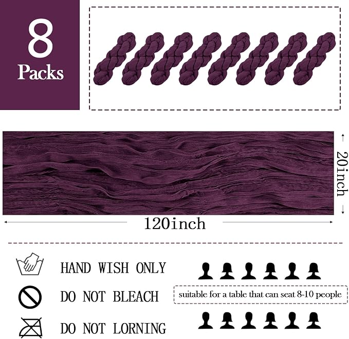 8 Pack Dark Purple Cheesecloth Table Runner 20 x 120 inch Gauze Table Runners - Image 2