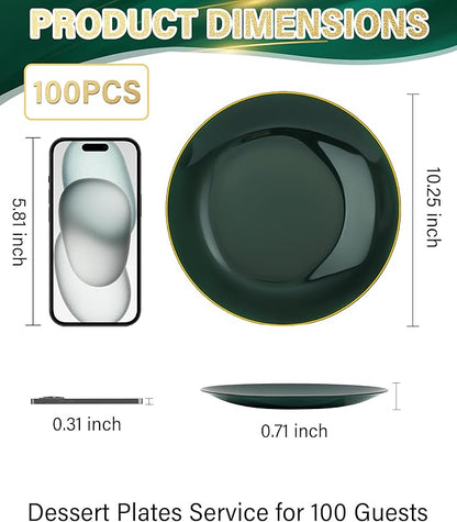 Nervure 100Pcs Green and Gold Plastic Plates - 7.5inch Disposable Green Dessert/Salad Plates - Heavy Duty Plastic Plate Ideal for Wedding & Party