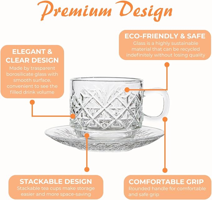 Atarvana 6 Pack Glass Tea Cups and Saucers Set - Image 3