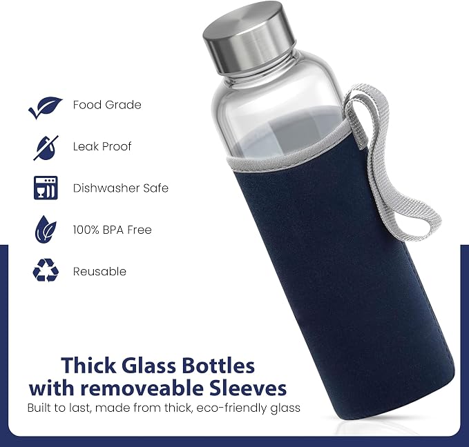 Epica Clear Glass Bottles with Lids, 18 oz Water Bottles, with sleeves | - Image 4