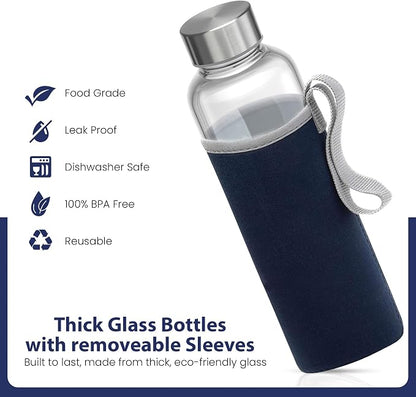 Epica Clear Glass Bottles with Lids, 18 oz Water Bottles, with sleeves | - Image 4