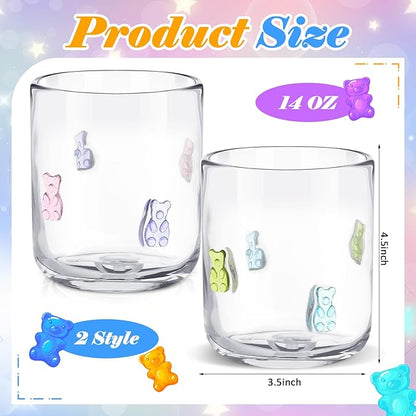 Icon Juice Glasses, 14oz Stemless Wine Drinking Juice Glass Cup for Valentine Party Supplies Gift(2 Pcs,Candy Bear)