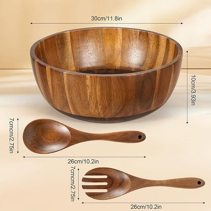Wooden Salad Bowl Set 11.8 Inch – Acacia Large Wood Salad Bowl with Wooden Serving Utensils, Big Salad Bowls for Fruits, Food Serving & Hosting Family Gatherings