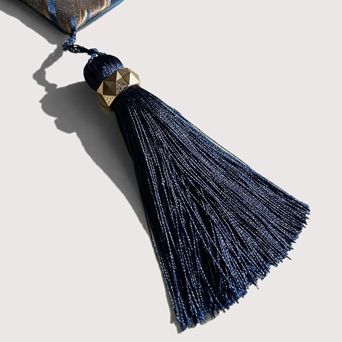 Luxury Modern Blue Table Runner, Elegant Abstract Striped, Tassels | Table - Image 3