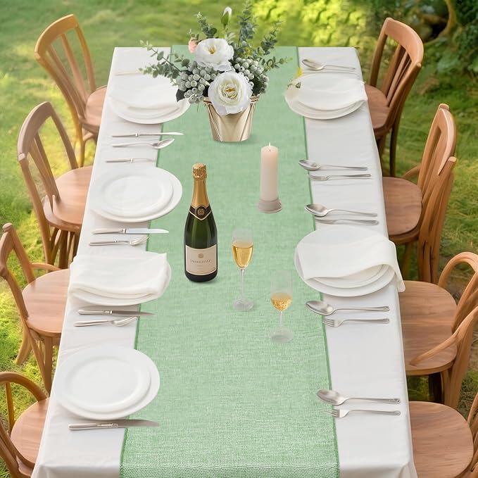Light Green Burlap Table Runner 4 Packs Rustic Farmhouse Fabric 13x108 Inch | - Image 2