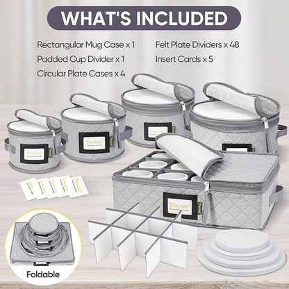 BALEINE China Storage Containers, Sturdy Quilted Wine Glass Storage, Plate Organizer with Carry Handles, Moving Boxes for Dishes, Cups, Mugs and Stemware (Plate Mug Combo, Soft Shell Grey)