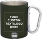 Custom Stainless Steel Mugs with Carabiner Handle 10 oz. Set of 100, Personalized Bulk Pack - Perfect for Coffee, Soda, Other Hot & Cold Beverages - Army Green