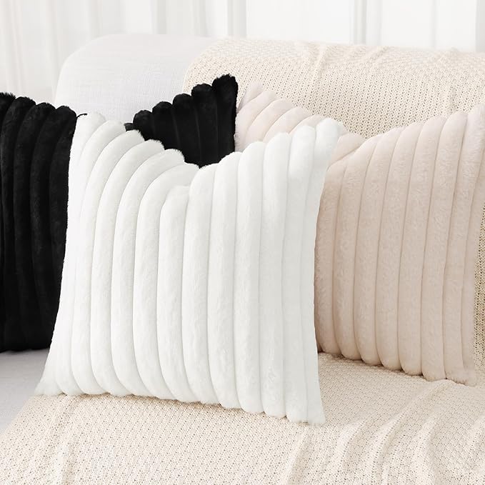 decorUhome Cozy Faux Fur Spring Throw Pillow Covers 20x20 Set of 2 Decorative Soft Plush Striped Modern Farmhouse Boho Couch Pillow Cases with Velvet Back for Sofa Bed Living Room, White