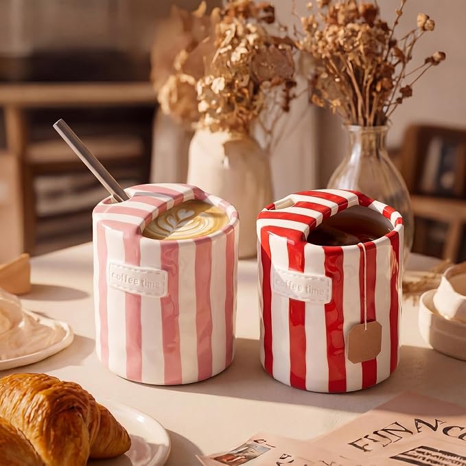 2 Pack Ceramic Coffee Mug with Sip Hole Espresso Cup 10oz with Straws Retro - Image 5
