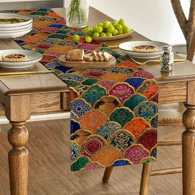 Artoid Mode Wave Shape Peacock Feather Lotus Paisley Table Runner, Seasonal - Image 3