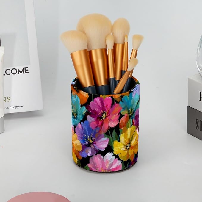 Leather Pen Holder for Desk, Oil Painting Flower Pencil Cup Pen Organizer - Image 6