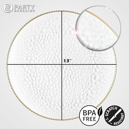 PARTY BARGAINS 13-Inch Charger Plates - 8 Pack, Hammered Clear Gold Rim, Heavy-Duty Disposable Chargers for Elegant Dining - Ideal for Weddings and Formal Events