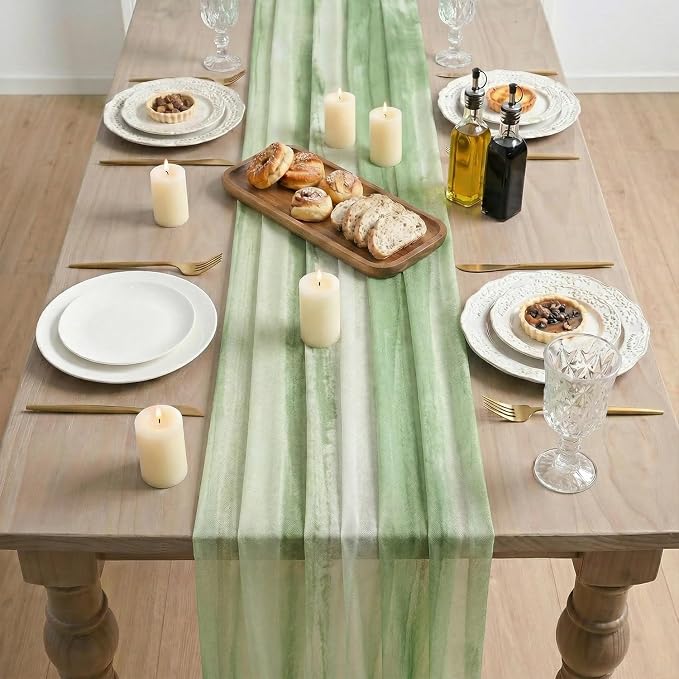Artoid Mode Boho Green Stripes Spring Chiffon Table Runner 120 Inches 10FT - Image 3