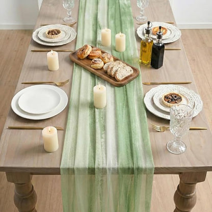 Artoid Mode Boho Green Stripes Spring Chiffon Table Runner 120 Inches 10FT - Image 3