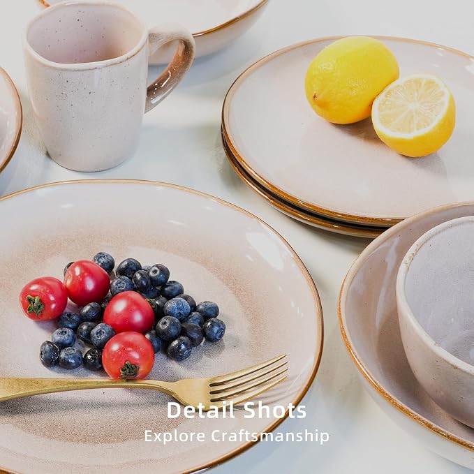 Highland 16pc Dinnerware Set, Unique Organic Shape Double Bowl， Stoneware Plate - Image 5
