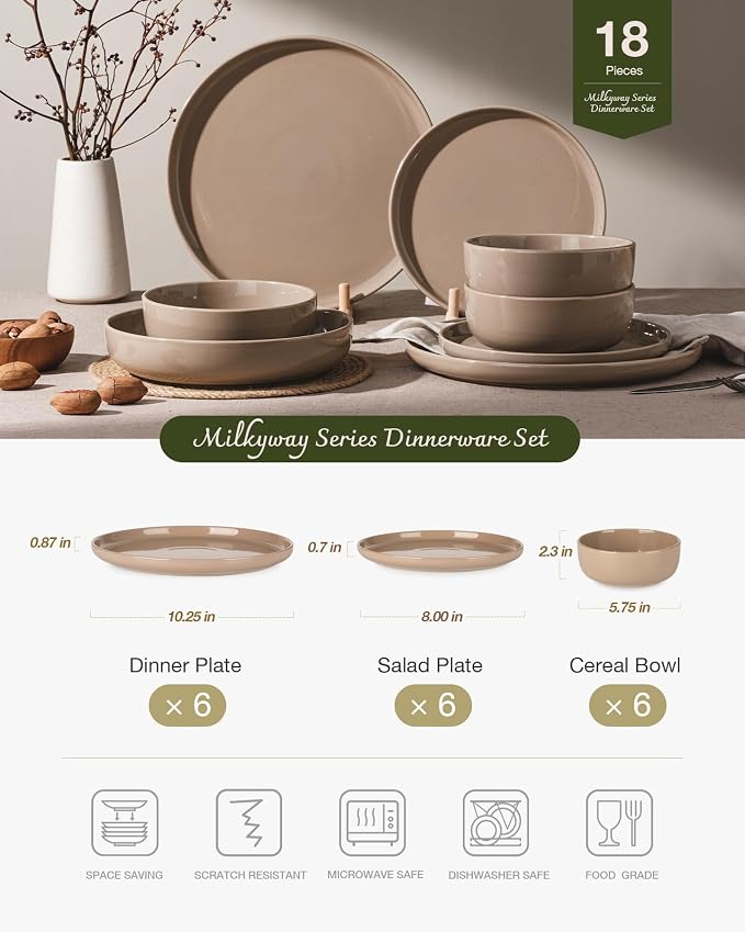 Famiware Milkyway 18-Piece Stoneware Dinnerware Set, Cinnamon Brown | Plates - Image 2