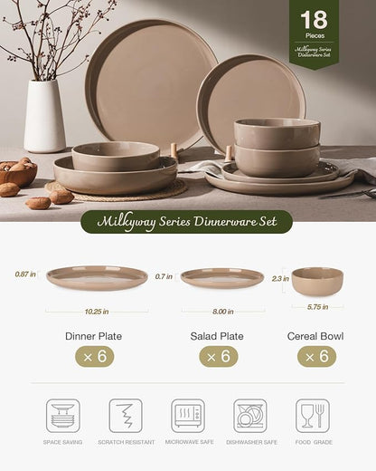 Famiware Milkyway 18-Piece Stoneware Dinnerware Set, Cinnamon Brown | Plates - Image 2