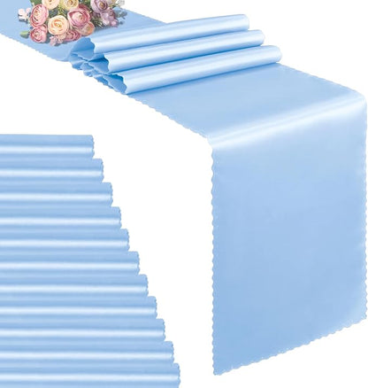 VACVELT Light Blue Satin Table Runners, 12x72 Inch, 12 Pack, Scalloped Edge | by VACVELT