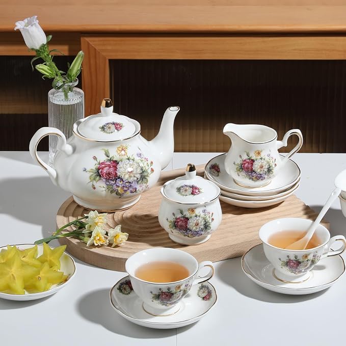 Sweejar Porcelain Tea Set Vintage Floral, British Relief Gold Rim Teapot Cup - Image 5
