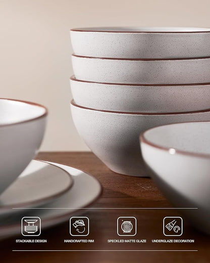 Famiware Venus Speckled Dinnerware Set with Pasta Bowls, Service for 6 (24 Pieces), Stoneware Plates and Double Bowls Sets, Microwave & Dishwasher-Safe Dishes with Trim, Matte Light Grey