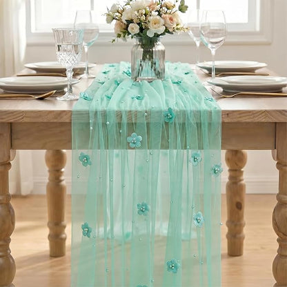 Artoid Mode Turquoise Flower Pearl Gauze Table Runner 10FT, Seasonal Sheer - Image 2