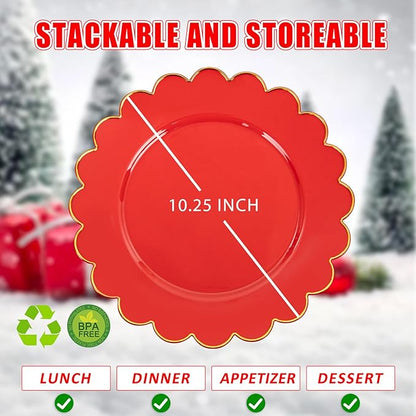 SUT 72 Pcs Red Plates Disposable, Red Plastic Plates With Gold Trim, 10.25 Inch red Dinner Plates, Fancy Plastic plates, plates Disposable Heavy Duty for Wedding, Parties