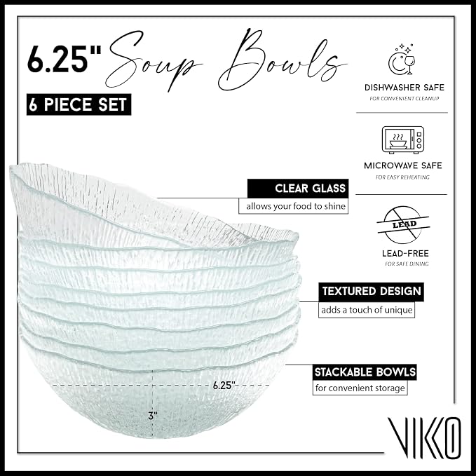 Vikko Soup Bowls, 6.5 Inch Salad Bowls, Glass Soup Bowls, Elegant Textured - Image 2