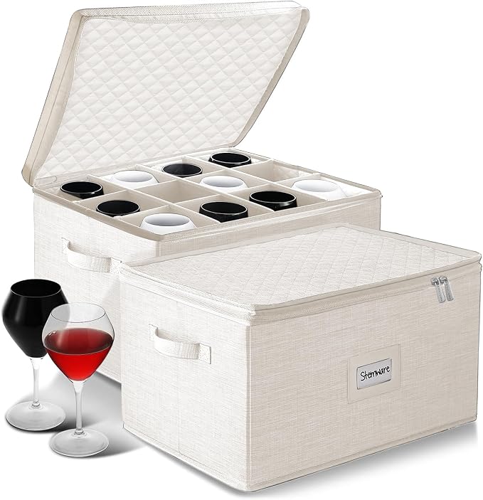 Wine Glass Storage Box with Dividers, 2 Pack Stackable Stemware Storage Cases by HearthHarbor
