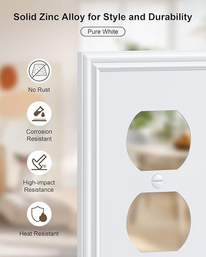 6-Pack Single Duplex Outlet Cover Plate, Decorative White Switch Plates and Outlet Covers, Metal Wall Plates for Electrical Outlets, 1 Gang Receptacle Cover, Corrosion Resistant
