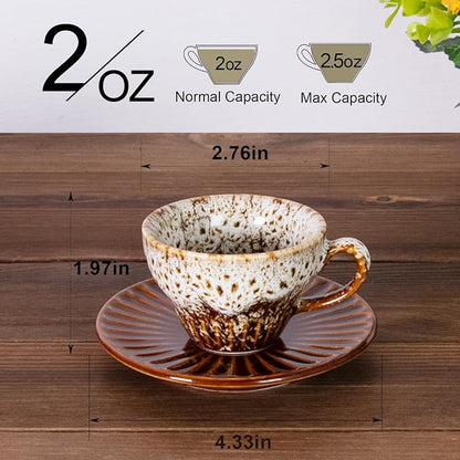 2 oz Espresso Cups and Saucers Set of 2, Ceramic Tea Cup - Image 2