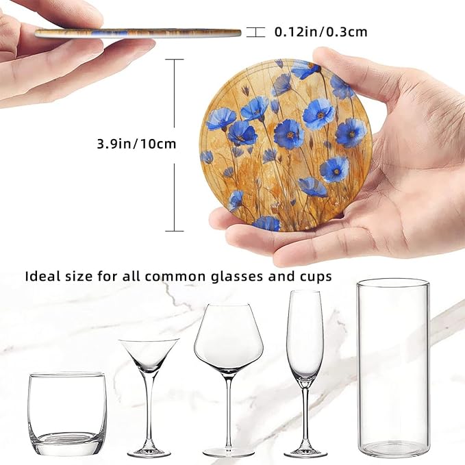 Flowers Plant Floral Blue Leather Coasters Set of 6 - Image 7