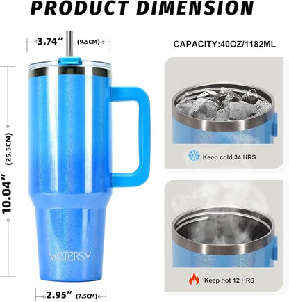 40 oz Shiny Tumbler with Handle and Straw, Stainless Steel Tumbler with Lid and - Image 2