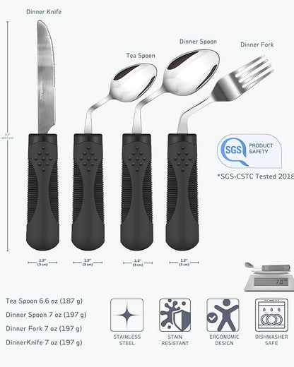 Adaptive Utensils (4-Piece Set) Weighted 7 oz - 42° Angled Utensils for Parkinson's Patients, Hand Tremors, Arthritis & Elderly - Eating Utensils for Elderly (Black: Left Handed)