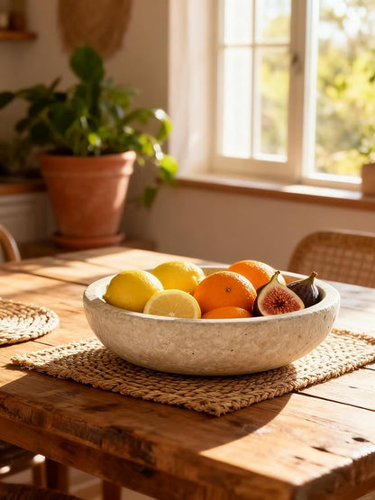 Handmade Travertine Stone Bowl | 7.8" Decorative Key & Fruit Bowl | Kitchen Counter, Dining Table Centerpiece, Entryway & Office Desk Decor (Beige)