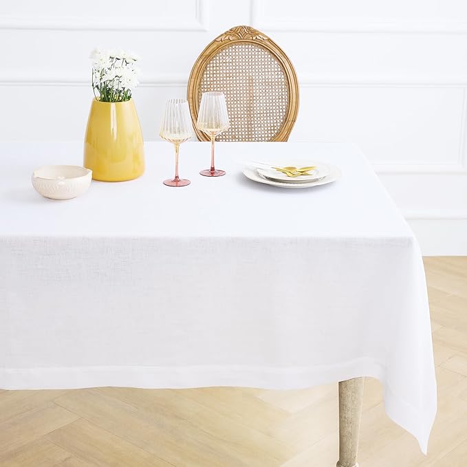 Solino Home White Linen Tablecloth 60 x 156 Inch - 100% Pure Linen Table Cloth for Rectangle Tables - Fete, Machine Washable Tablecloth for Valentines, Spring, Easter