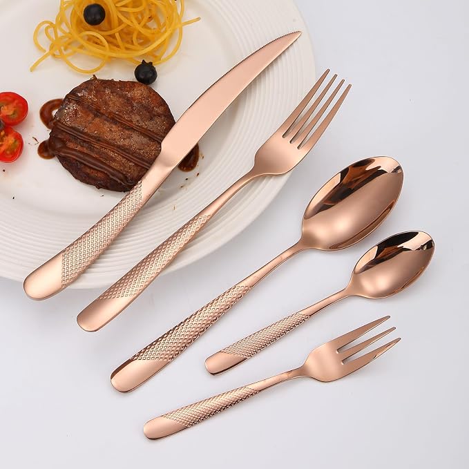 Hammered Flatware Set Copper/Rose Gold Silverware 20 Piece Stainless Steel - Image 3