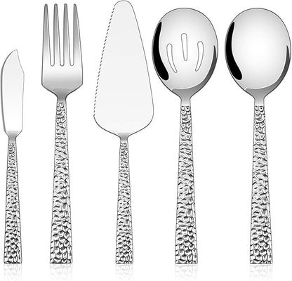 E-far Hammered Serving Utensils, 5-Piece Stainless Steel Square Hostess Serving Set for Buffet Party Kitchen Restaurant, Mirror Finished & Dishwasher Safe
