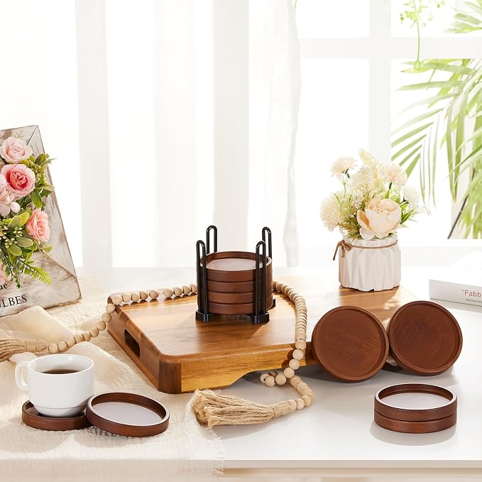 Set of 6 Wooden Coasters with Holder-Coffee Table Coasters - Image 3