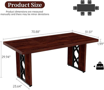 70.8" Farmhouse Dining Table for 6 People, Large Rectangle Kitchen Table with Heavy Duty Legs, Industrial Dining Room Furniture for Dinner, Walnut