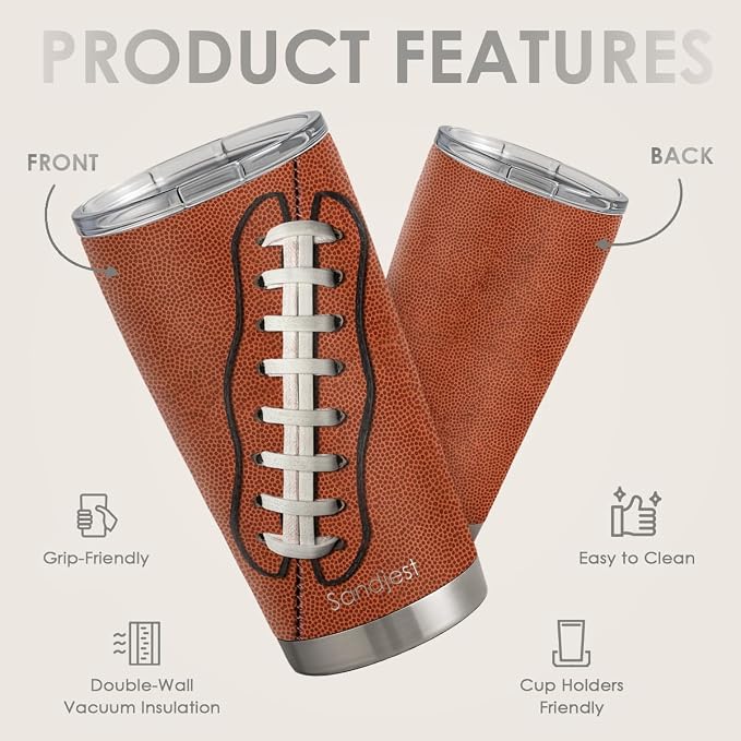 SANDJEST Football Tumbler 20oz Stainless Steel Insulated, Travel Coffee Cup - Image 2