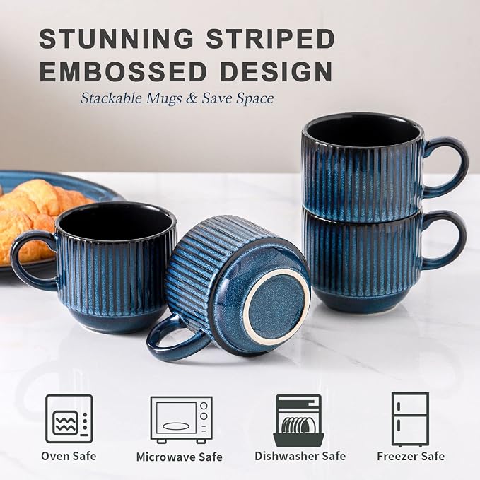 HASENSE 15 Oz Ribbed Stackable Coffee Mug Set of 4, Ceramic Latte Cups - Image 4