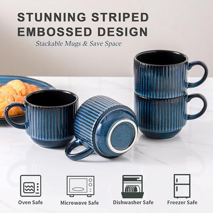 HASENSE 15 Oz Ribbed Stackable Coffee Mug Set of 4, Ceramic Latte Cups - Image 4