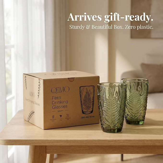 Green Drinking Glasses Set of 4, 12 oz Glass Cups, Vintage Fern Glassware | - Image 7