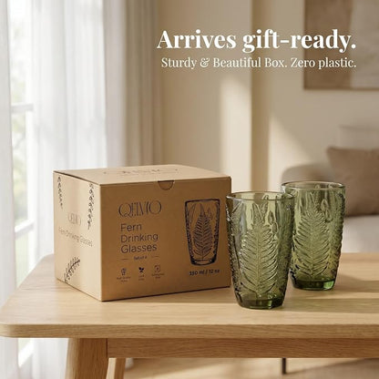Green Drinking Glasses Set of 4, 12 oz Glass Cups, Vintage Fern Glassware | - Image 7