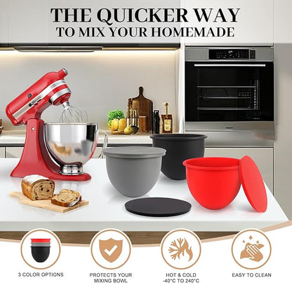 5QT Silicone Mixing Bowls with Lids (3 pack) Compatible with 5QT KitchenAid Mixer, Shatterproof, leak-proof design, Non-slip base, Easy-to-clean food storage bowls, Food-grade silicone