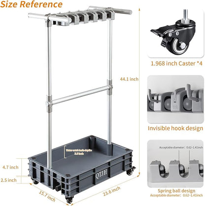 Broom mop holder cleaning supplies organizer janitorial carts on wheels housekeeping station storage tools for garage, garden, closet, cabinet.
