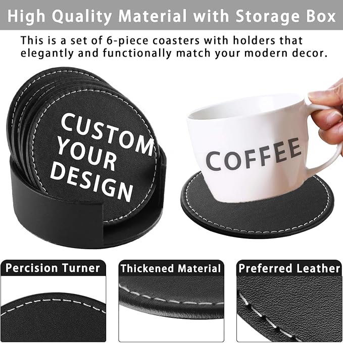 Personalized Coasters, Custom Set of 6 Leather Coaster - Image 3