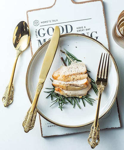 Gold Silverware Set for 6 Premium 18/10 Stainless Steel Flatware Set Palace Style 30 Piece Cutlery Tableware Utensils Embossed Decorative Handle Knives Forks and Spoons for Home Christmas Wedding