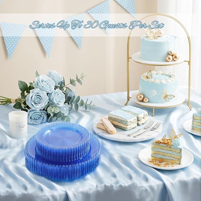 U-QE 60PCS Clear Blue Plastic Plates, Beaded Plates Disposable Heavy Duty | - Image 5
